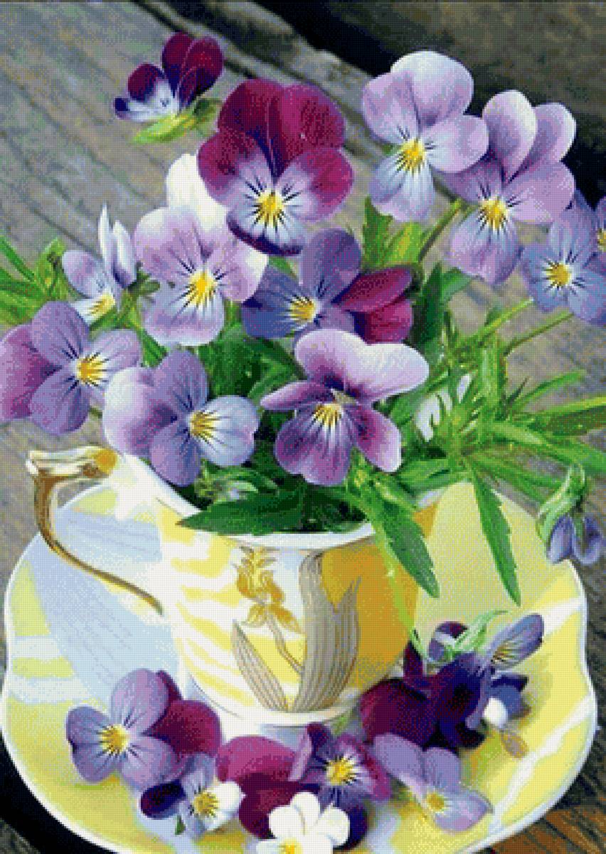 букет - анютины глазки, чашка, цветы - предпросмотр