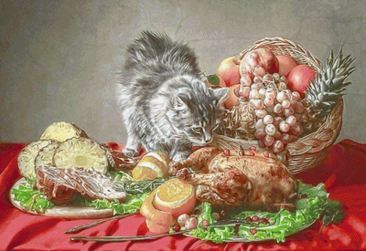 №2088177 - фрукты, кот, корзина, мясо, натюрморт, виноград - предпросмотр