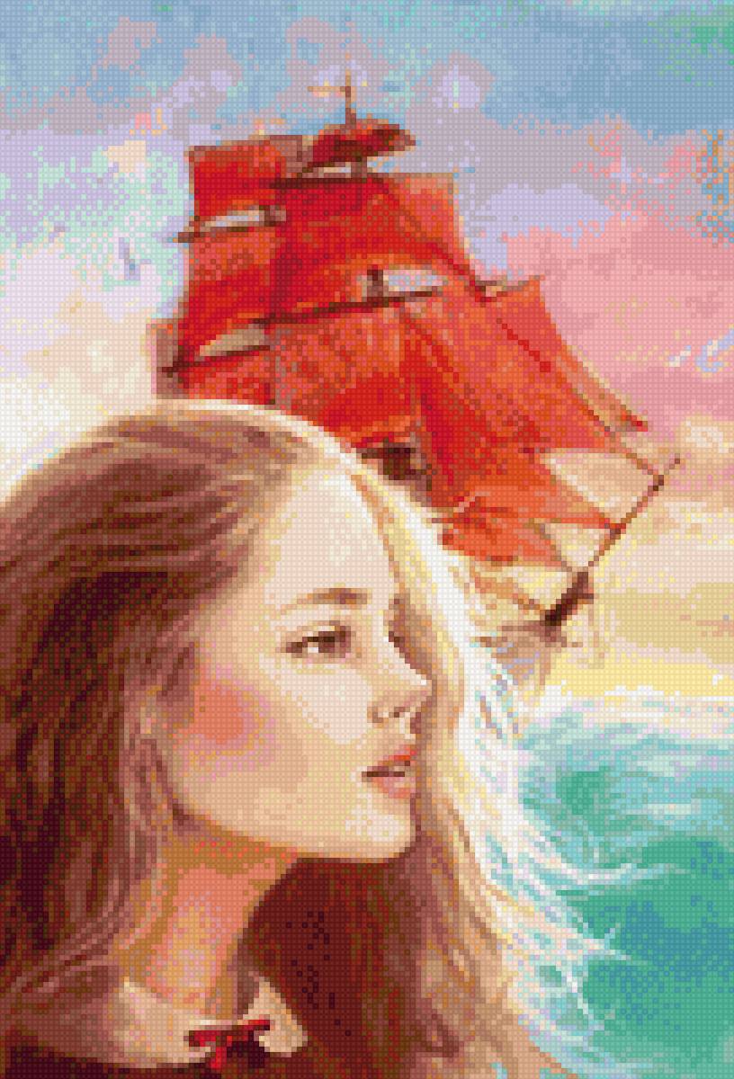 Ассоль - ассоль, алые паруса, акварель, море - предпросмотр