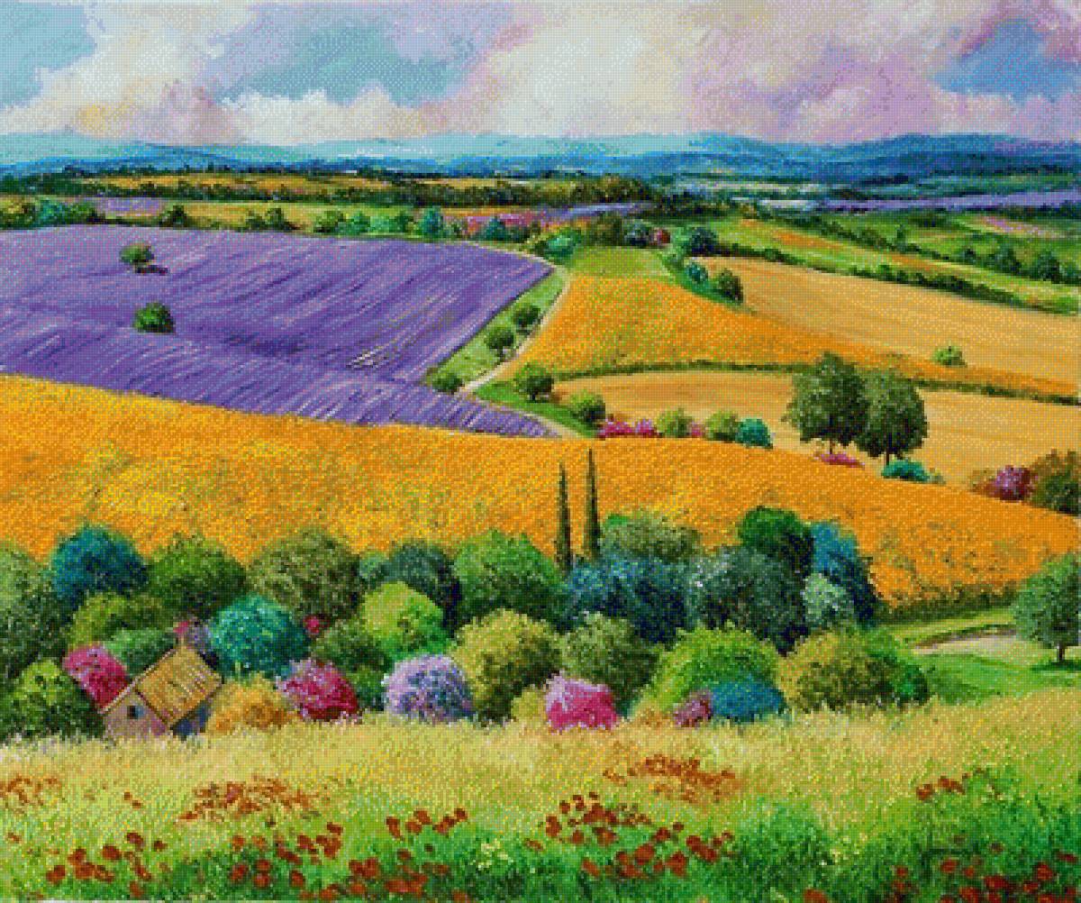 Пейзаж 1 - лаванда, пейзаж, домик, поле - предпросмотр