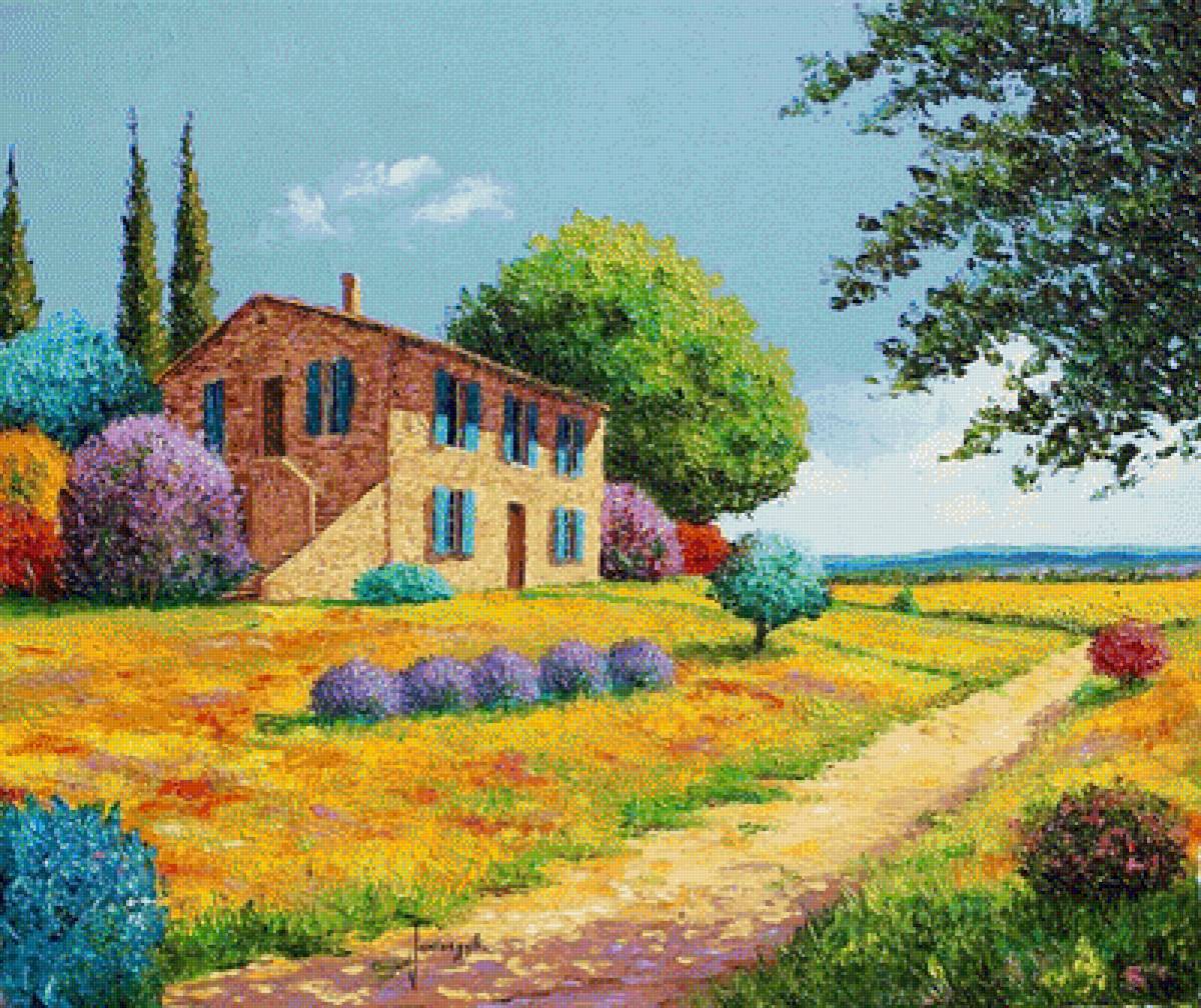 Пейзаж 4 - живопись, поле, домик, пейзаж - предпросмотр