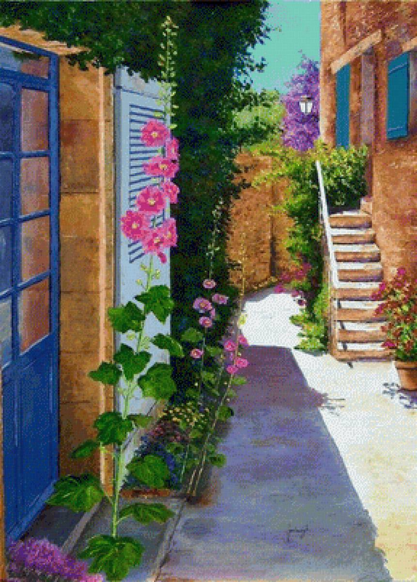 Южный дворик - живопись, пейзаж, лето, цветы, дворик - предпросмотр
