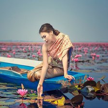 Схема вышивки «Тайка в лодке на пруду с лотосами»