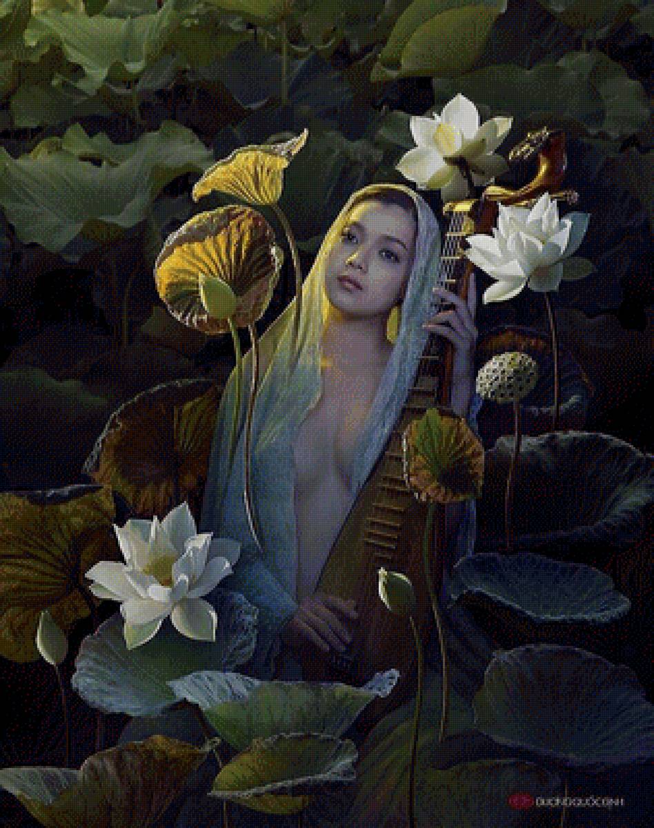 Восточная девушка в лотосах - душа лотоса, цветок, портрет, красивая восточная девушка - предпросмотр