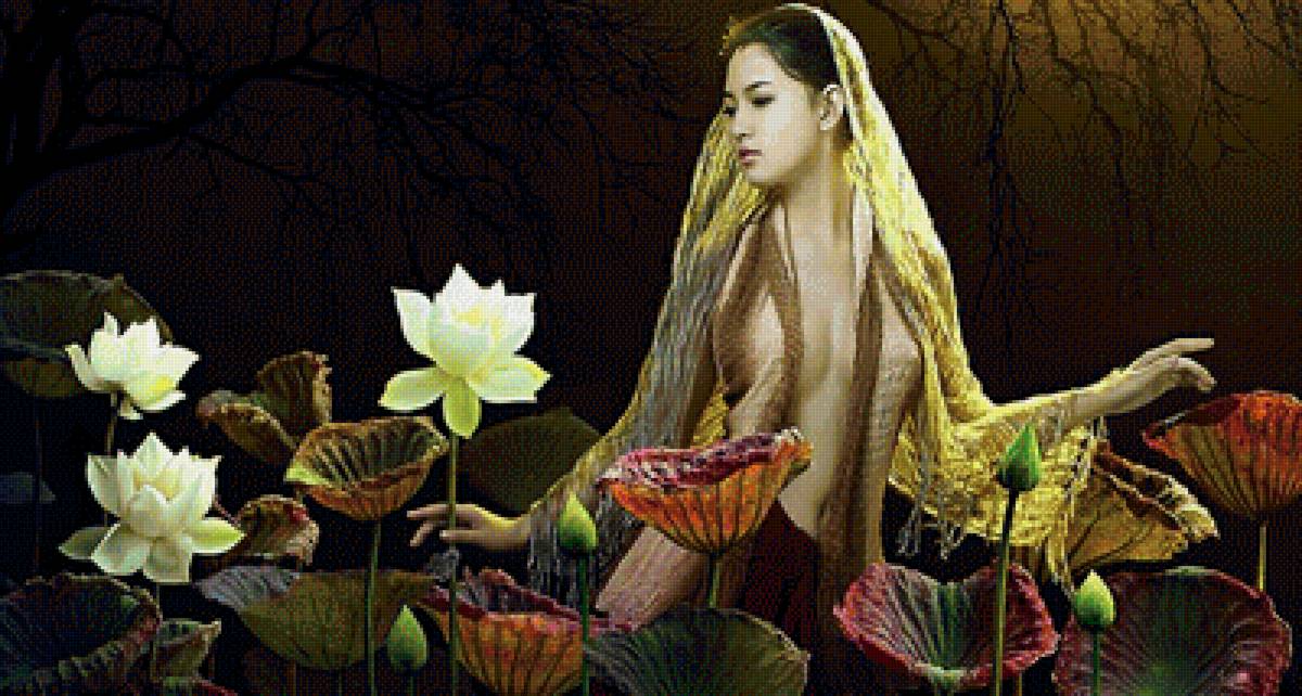 Восточная девушка в лотосах2 - цветок, портрет, красивая восточная девушка, душа лотоса - предпросмотр