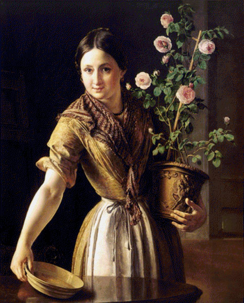 Девушка с горшком роз - роза, девушка, живопись - предпросмотр