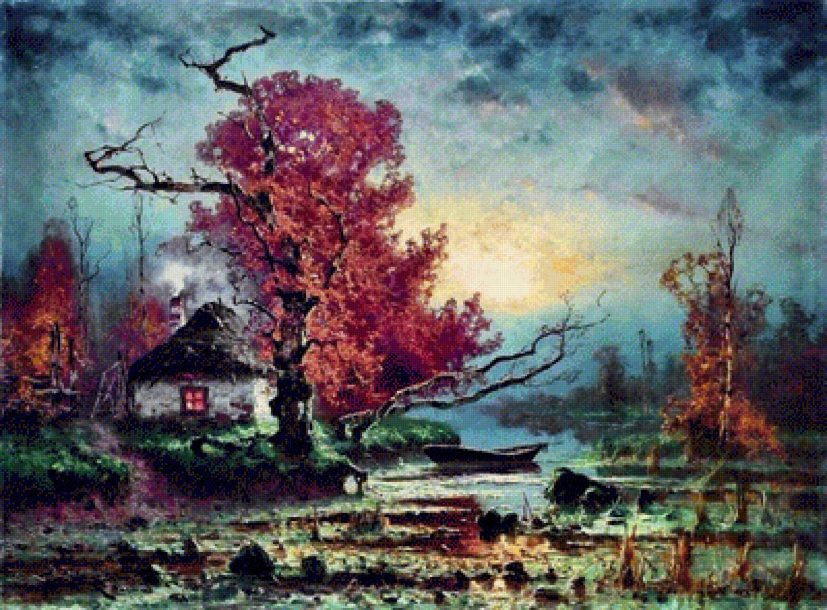 Избушка у реки ночью - ночь, живопись, лес, избушка, пейзаж - предпросмотр