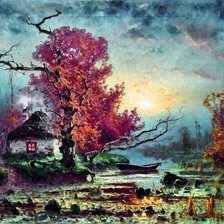 Схема вышивки «Избушка у реки ночью»