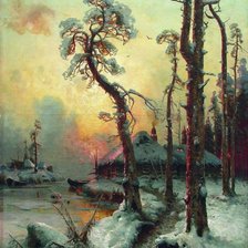 Схема вышивки «Зимний пейзаж с рекой и домами»