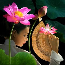 Схема вышивки «Японка с веером и лотосами»