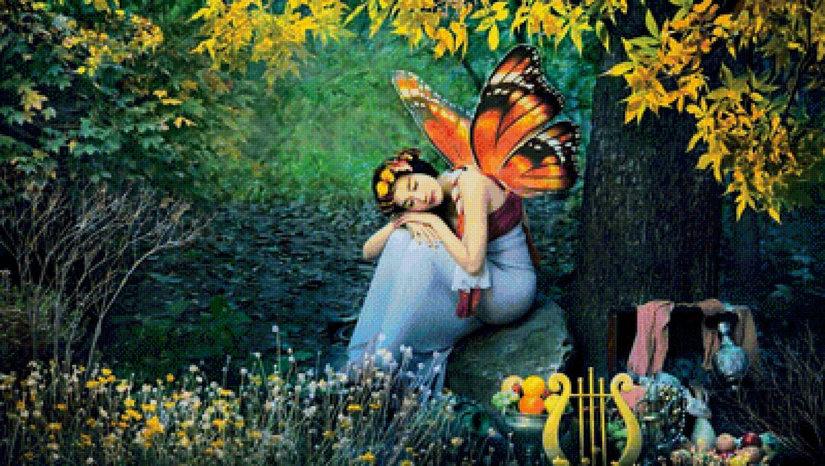 Японка с крыльями в красивом саду - эльф, красивая восточная девушка, сад, пейзаж - предпросмотр