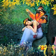 Схема вышивки «Японка с крыльями в красивом саду»