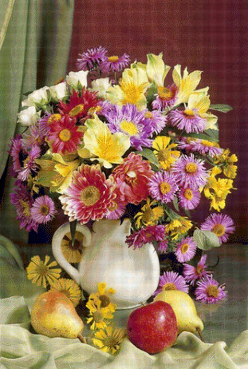 натюрморт - кувшын, стол, букет, фрукты, натюрморт, цветы - предпросмотр