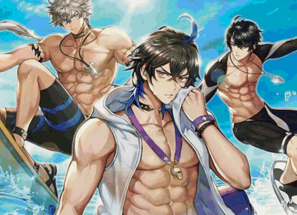 аниме - парни, пляж, аниме - предпросмотр
