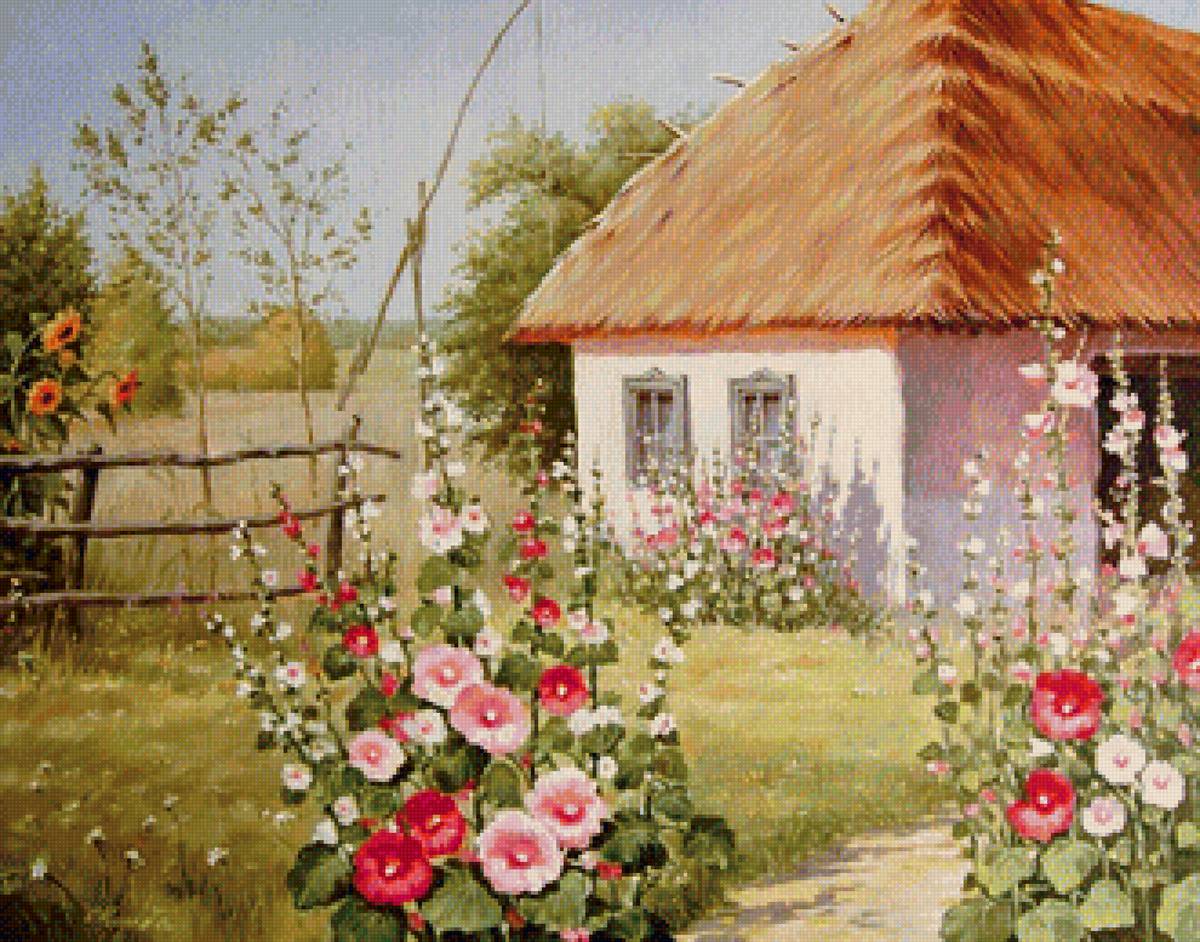 Мальвы у хаты - пейзаж, цветы, мальва, домик - предпросмотр