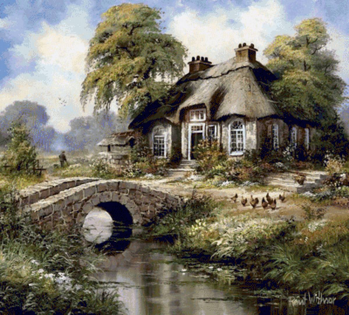 Домик у реки - лето, куры, мостик, домик, пейзаж, река - предпросмотр