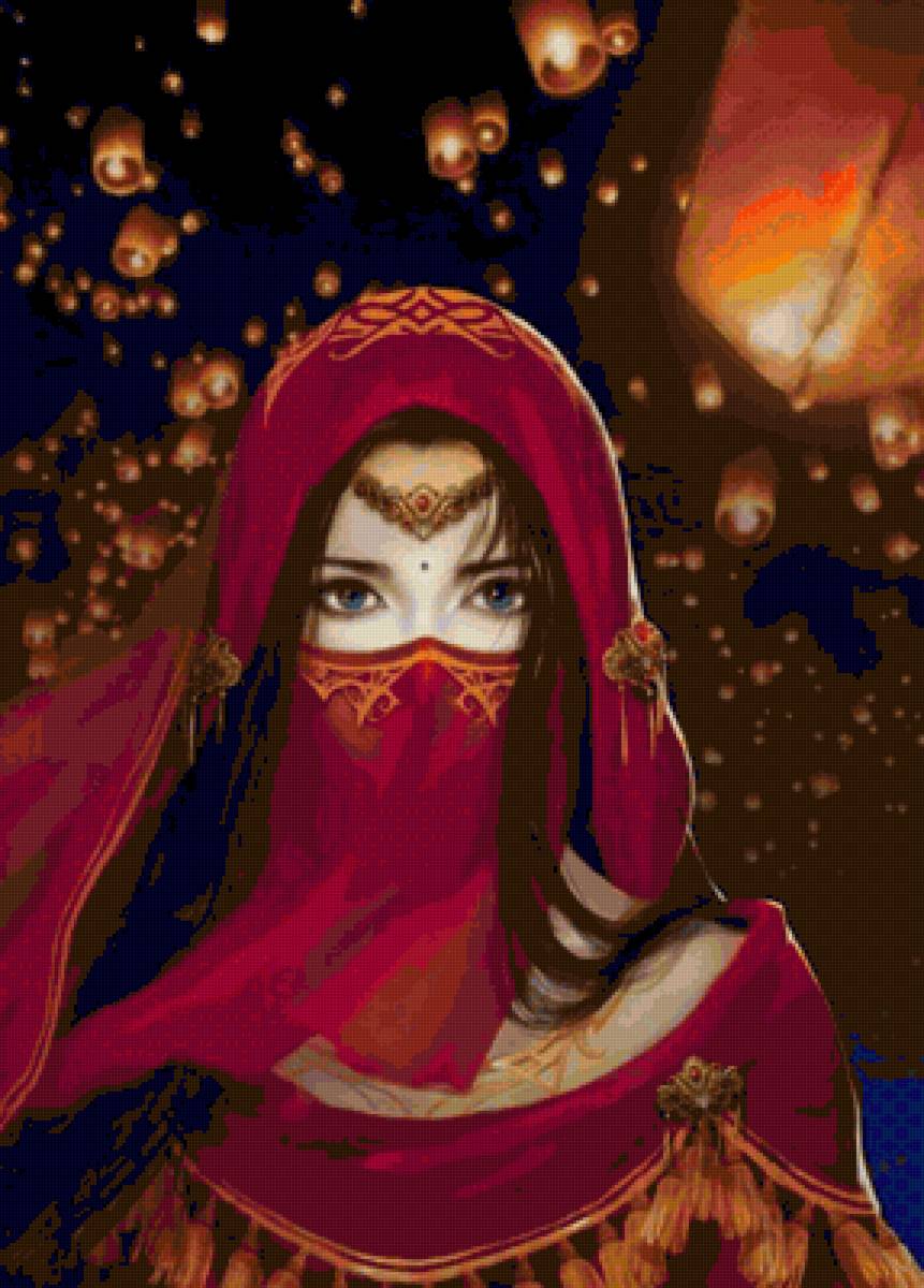 Art girl - eyes, girl, headscarf, red, art, lantern, beauty, ancient - предпросмотр