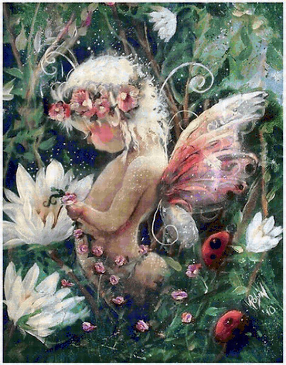 Baby in the Woods_ Robin Pushe'e - angel, baby, flowers, painting, fairy, art, insect - предпросмотр