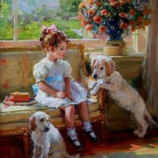 Схема вышивки «Девочка с собаками»