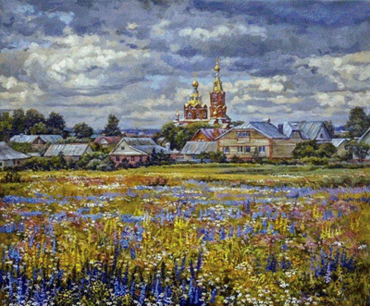 Пейзаж. Эдуард Панов - деревня, пейзаж, живопись, лето, церковь, луг - предпросмотр