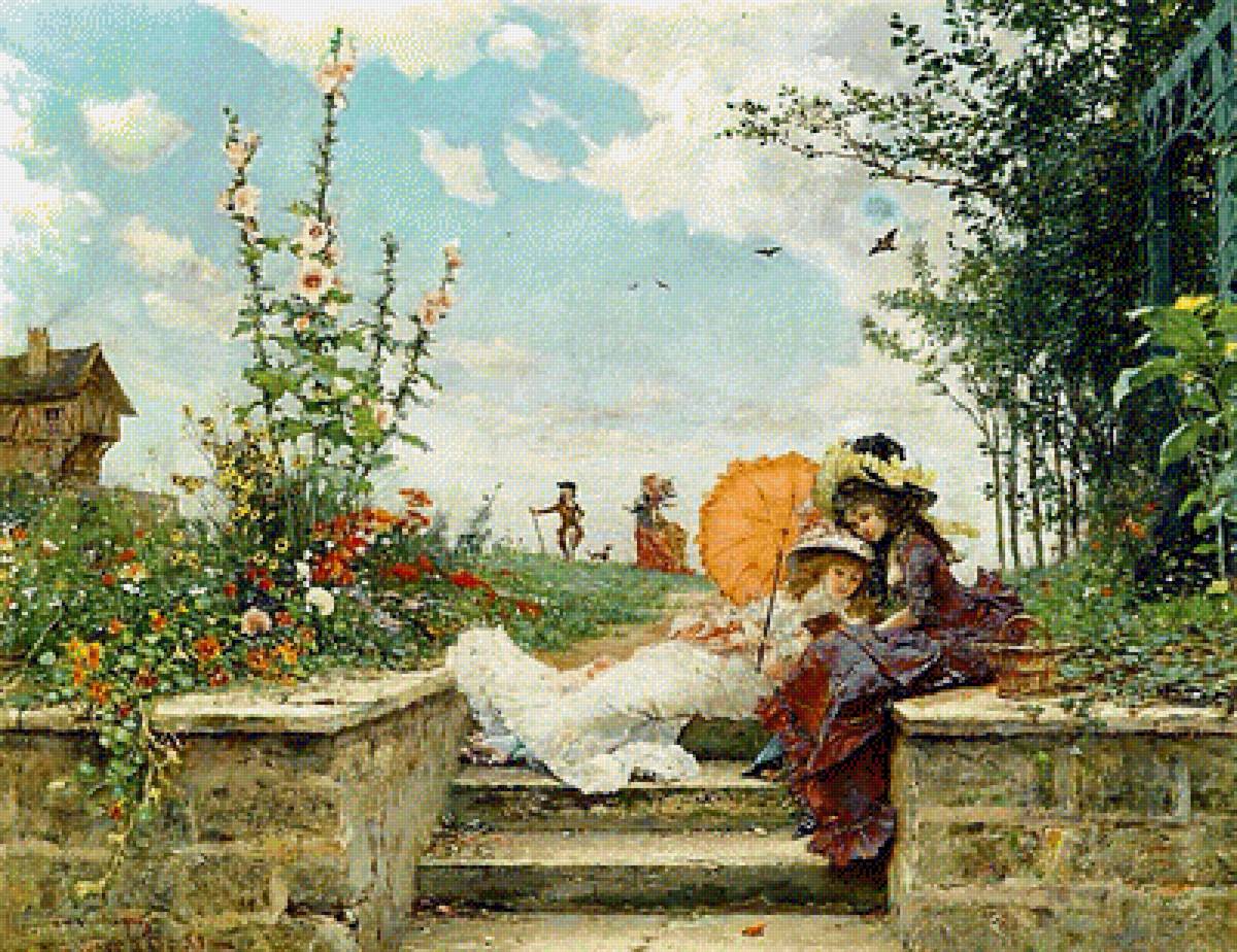 В летнем саду - сад, дама, 19 век, цветы - предпросмотр
