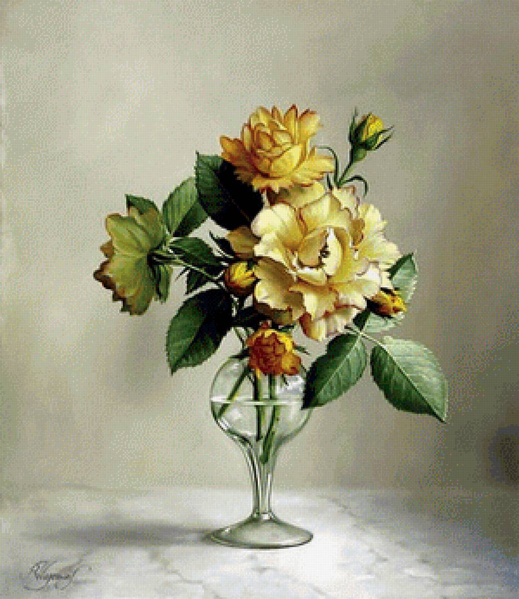 Роза на столе - живопись, роза, ваза, цветы, натюрморт - предпросмотр