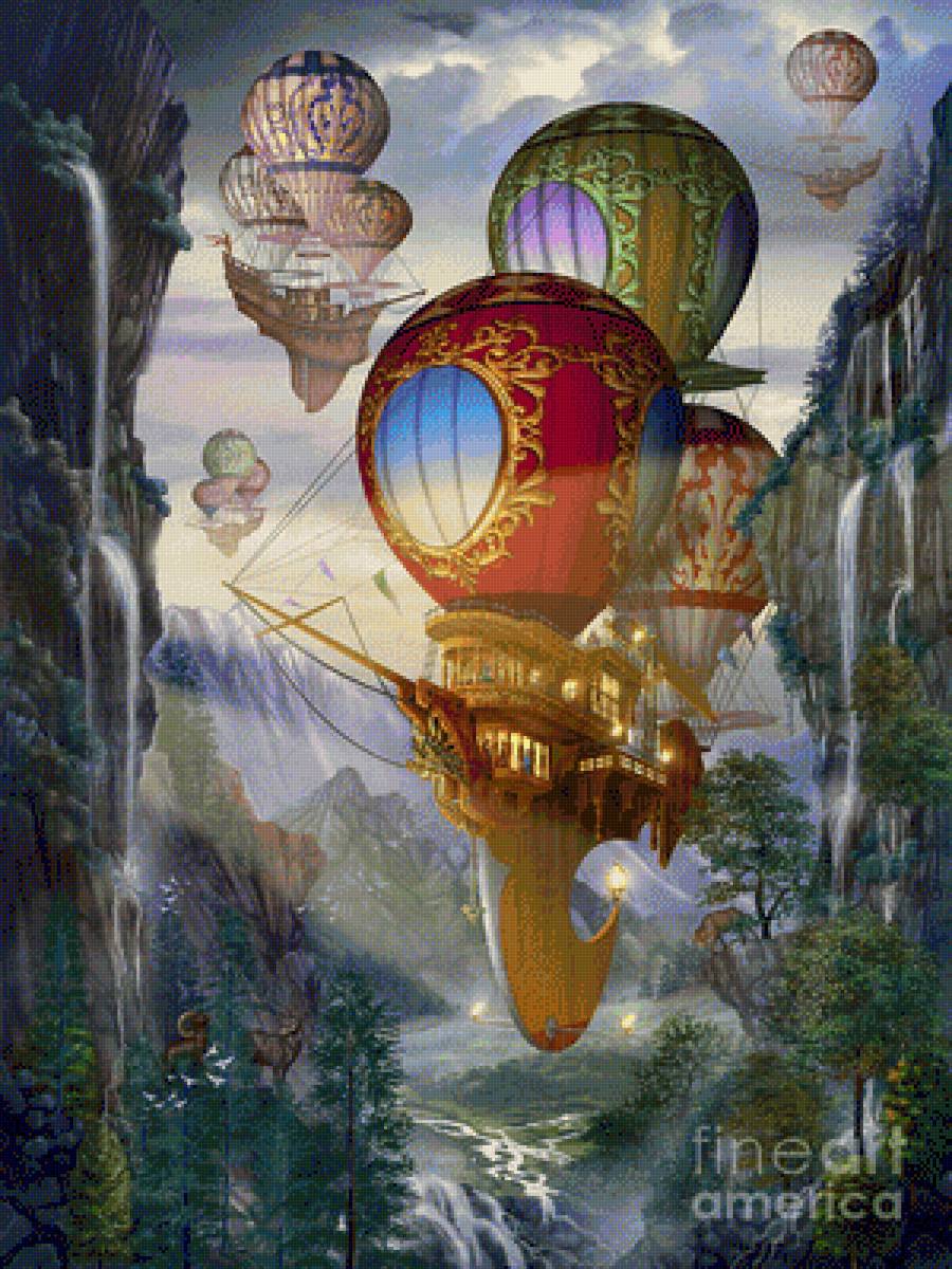 воздушый корабль - корабль, небо, водопад, воздушный шар - предпросмотр