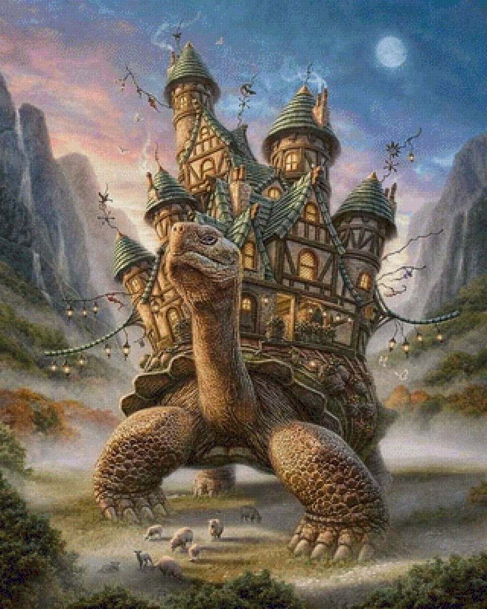 Черепаший дом - горы, дом, замок, фэнтези, черепаха - предпросмотр