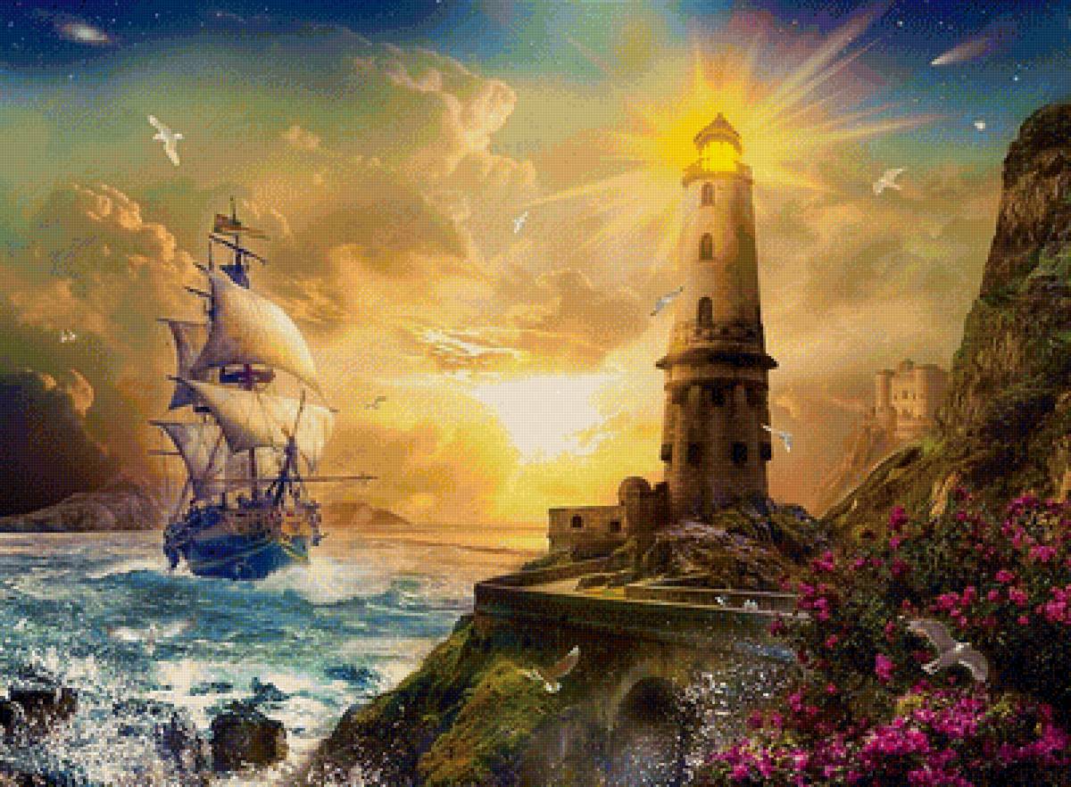 морской пейзаж - закат, море, корабль - предпросмотр