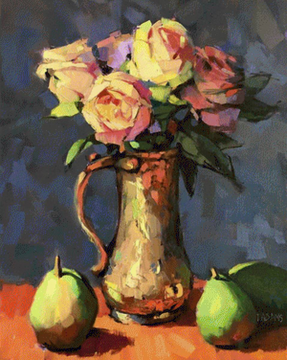 Цветы и груши - фрукты, натюрморт, ваза, груши, цветы, живопись - предпросмотр