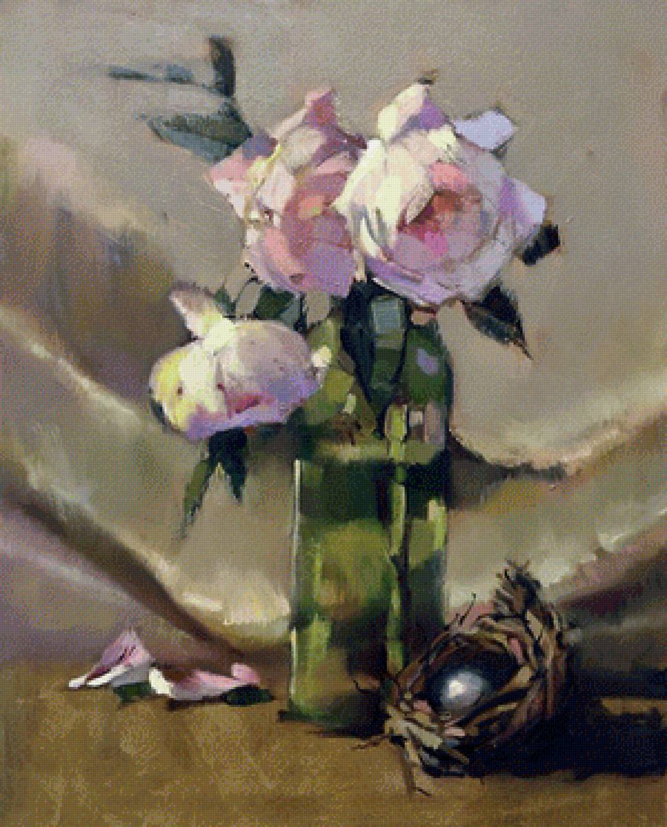 Розы в вазе - роза, цветы, живопись, ваза, натюрморт - предпросмотр