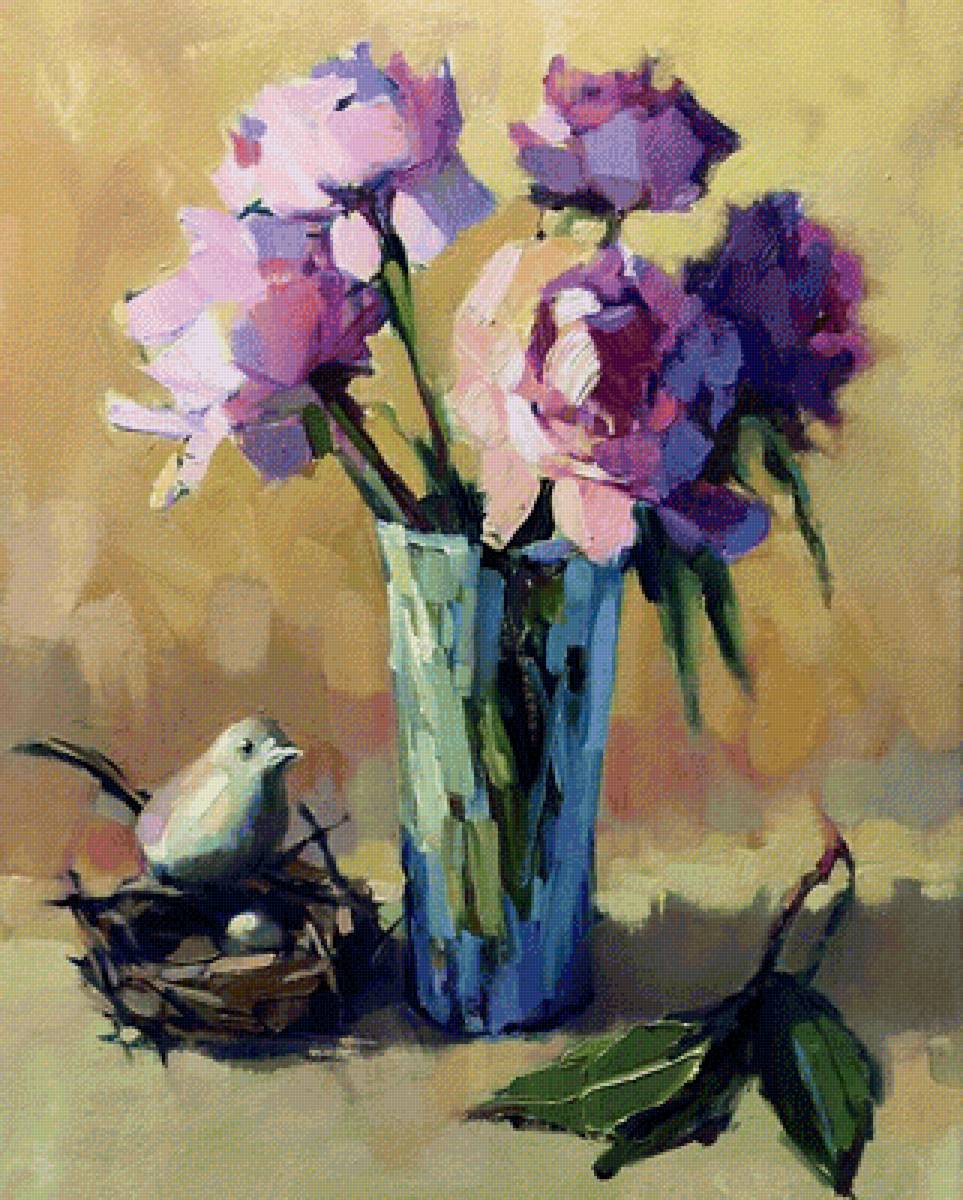 Цветы и птичка - птичка, натюрморт, ваза, живопись, цветы - предпросмотр