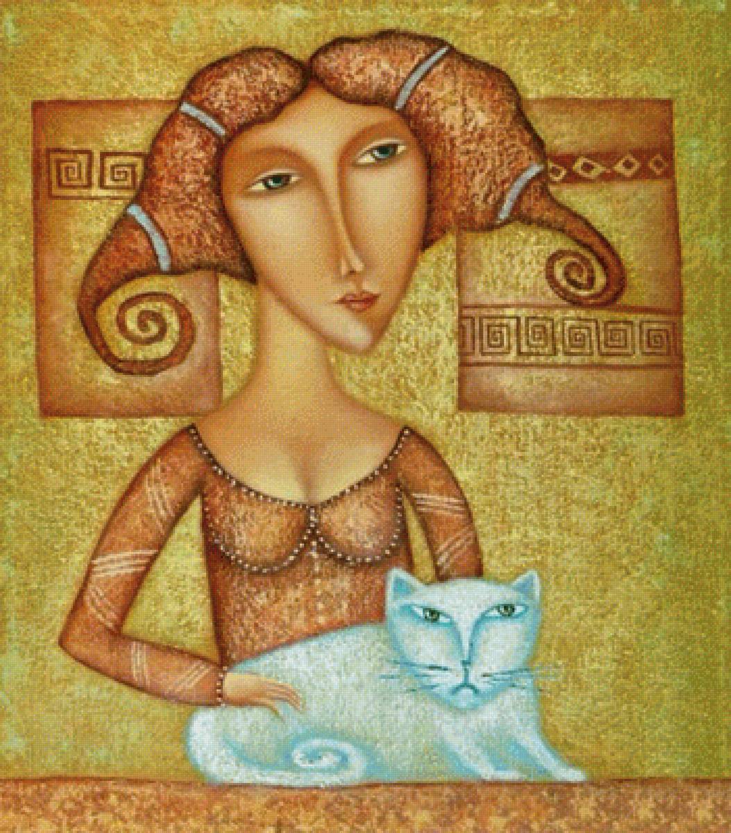 Любимая кошка. Дмитрий Сулимов - кошка, девушка, наив, портрет - предпросмотр