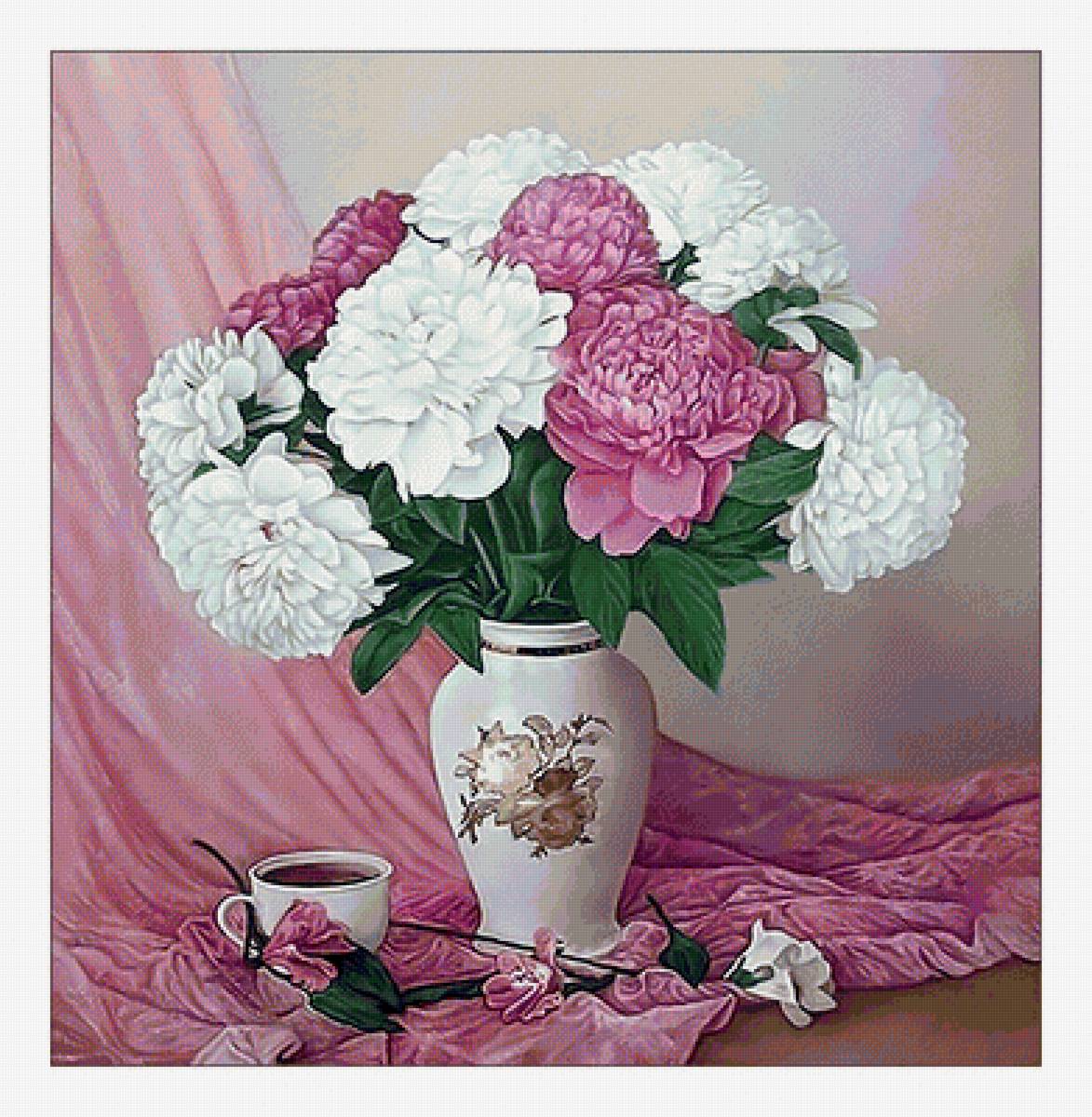 Пионы.Букет. - чашка, букет, пионы, живопись, натюрморт, цветы - предпросмотр