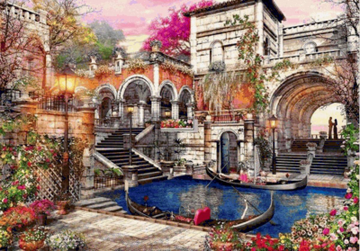 A Love Of Venice_ Dominic Davison - carpentry boat, art, castle, love, flowers, venice, river, draw - предпросмотр