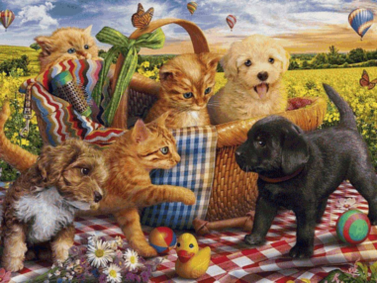 китята и кутята - кутята, котята, корзина - предпросмотр
