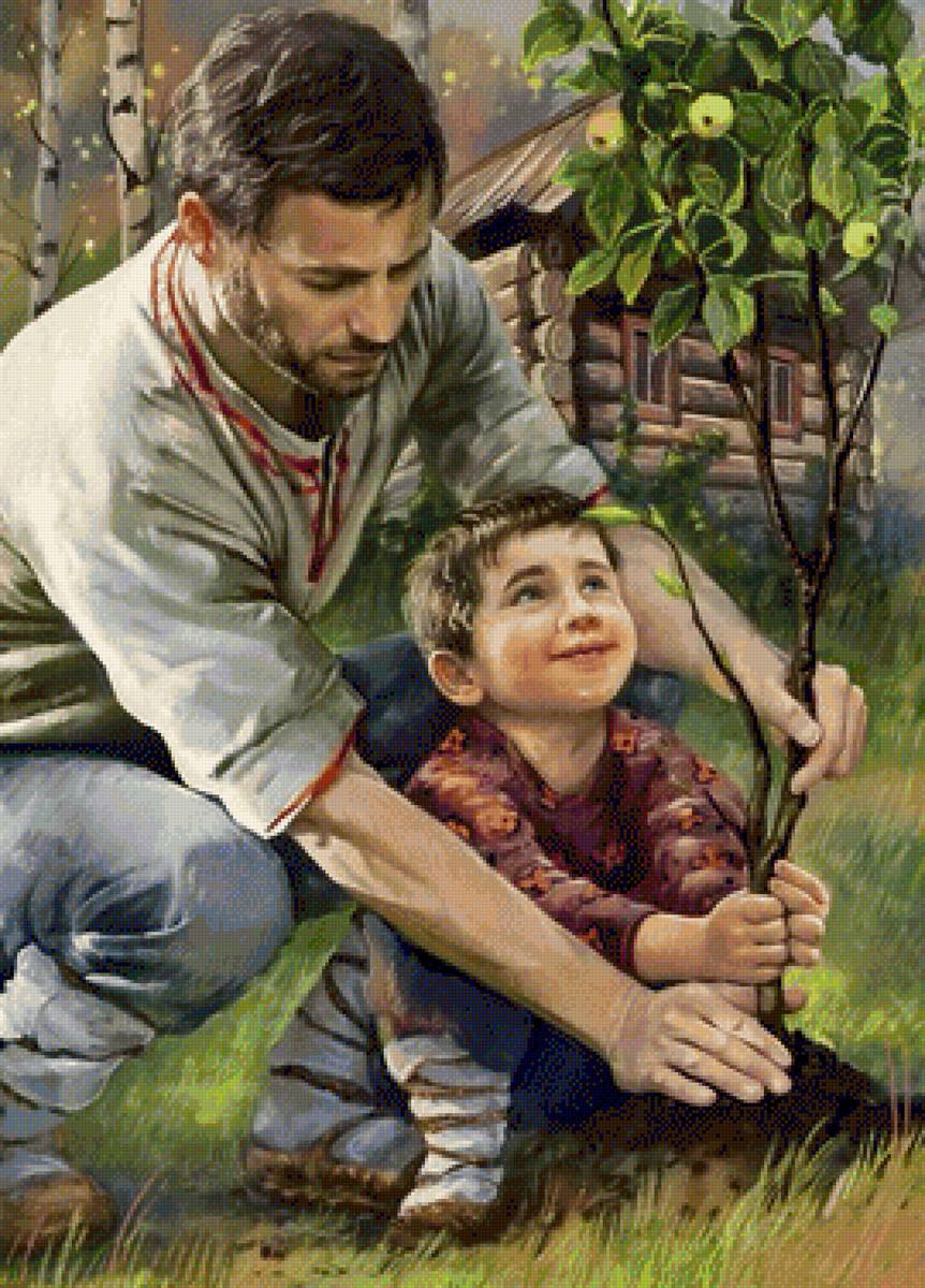 Папа с сыном - ребенок, мужчина, сад, семья, деревня - предпросмотр