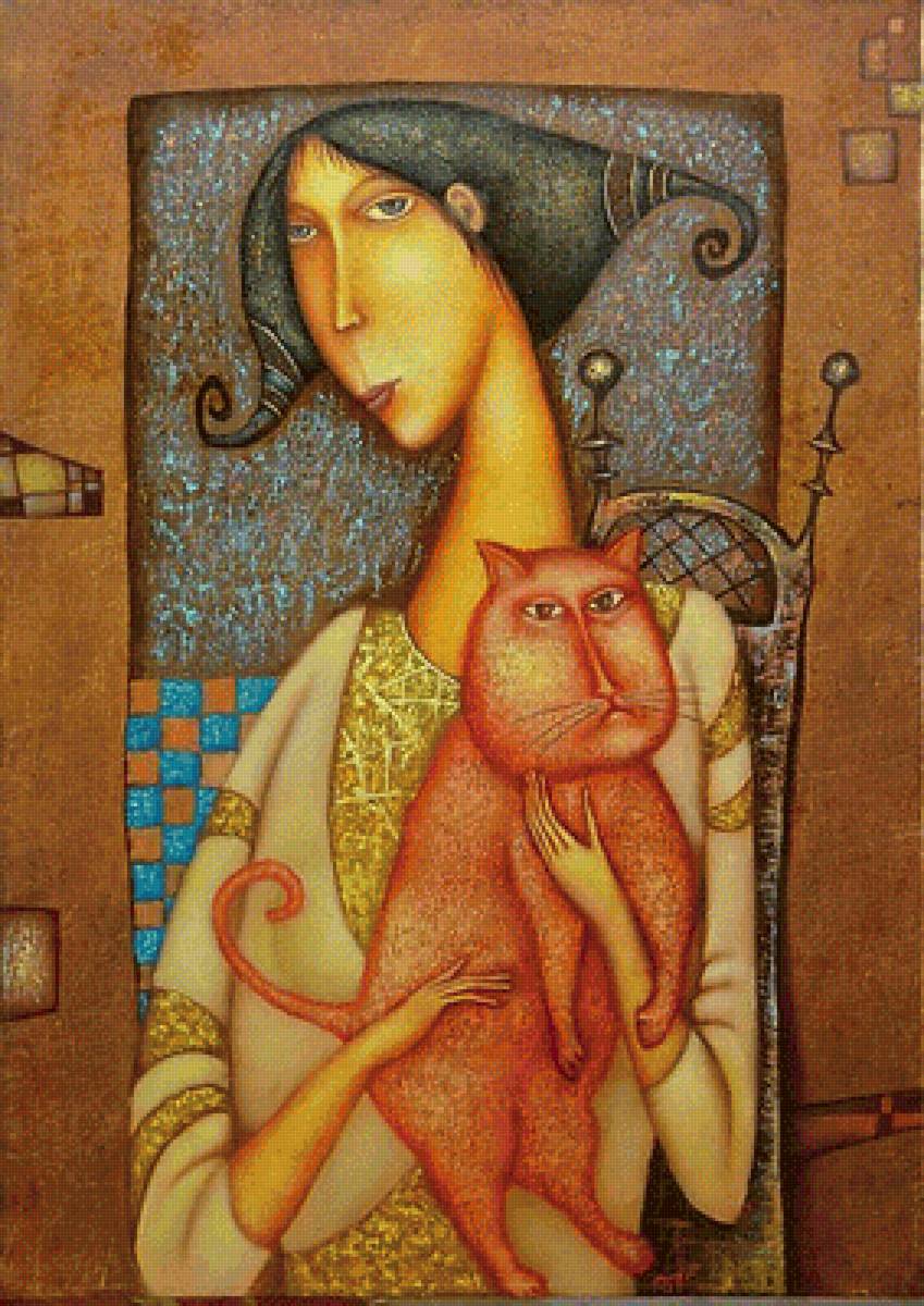 Портрет с кошкой 3. Дмитрий Сулимов - живопись, девушка, кошка, наив, портрет - предпросмотр