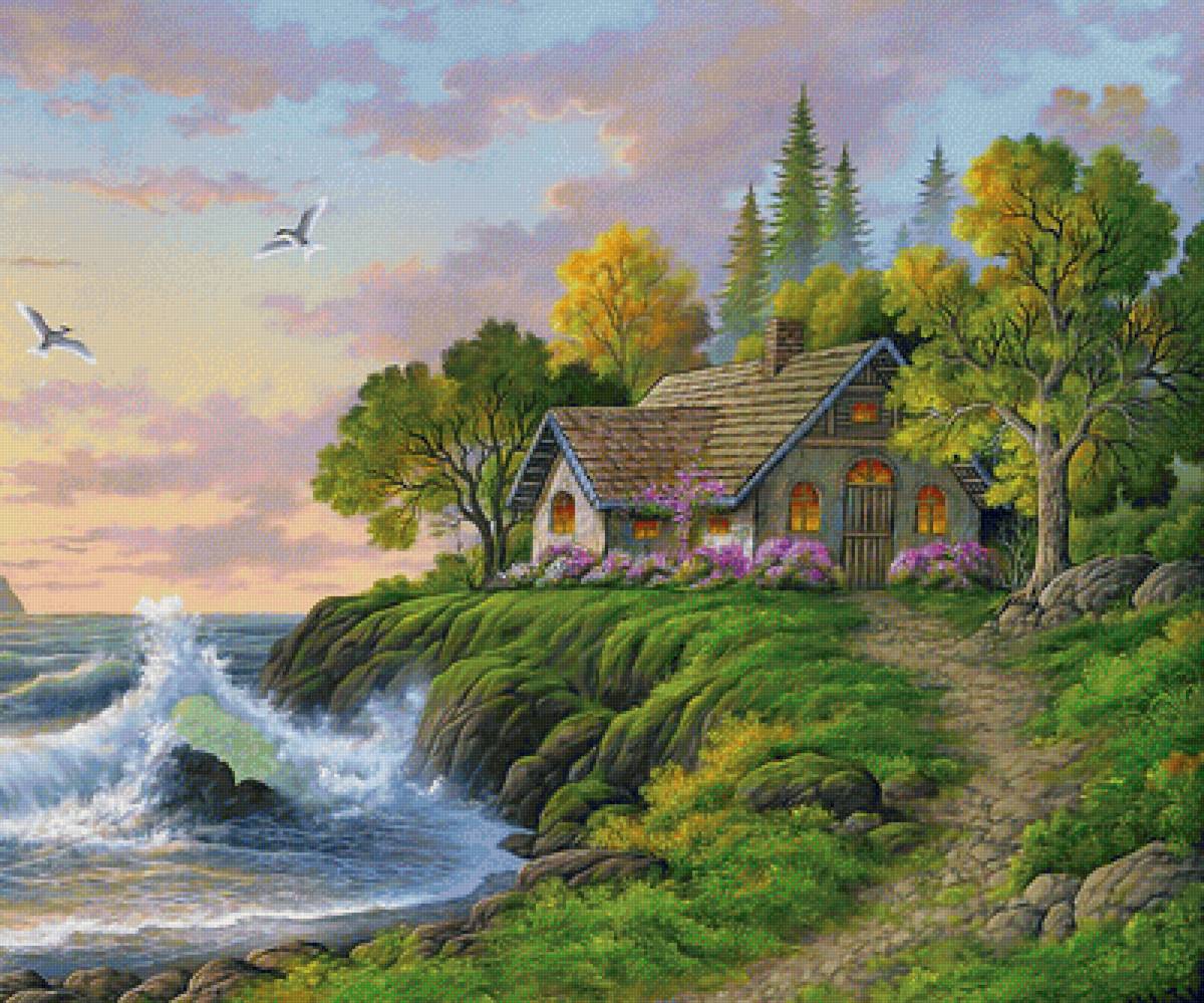 Морской пейзаж - волны, море, чайки, домик - предпросмотр