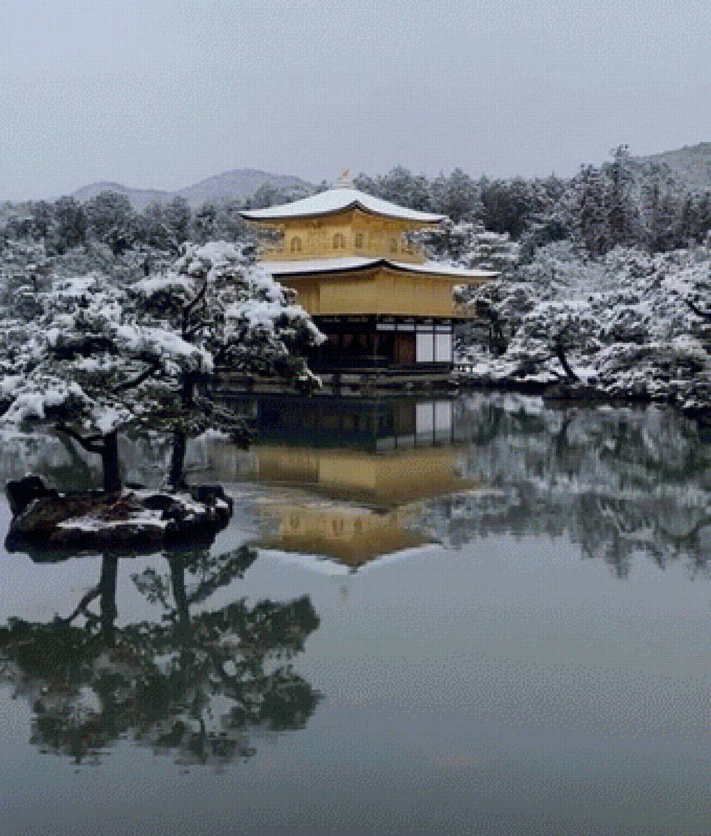 Зимний японский пейзаж - пейзаж, япония, зима, пагода, пруд - предпросмотр