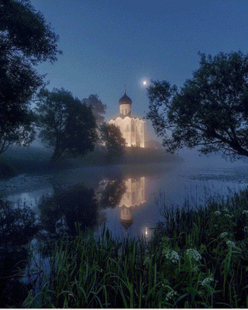Лунная ночь - пейзаж, ночь, церковь, река - предпросмотр