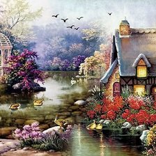 Схема вышивки «Домик с беседкой»