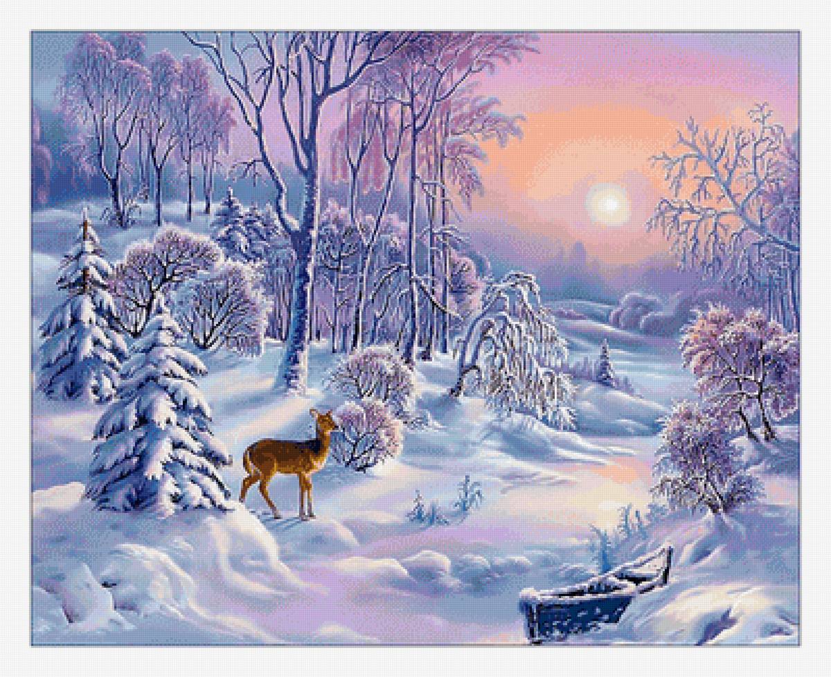 Зимний пейзаж. - олень, живопись, снег, зима, лес, закат, пейзаж - предпросмотр