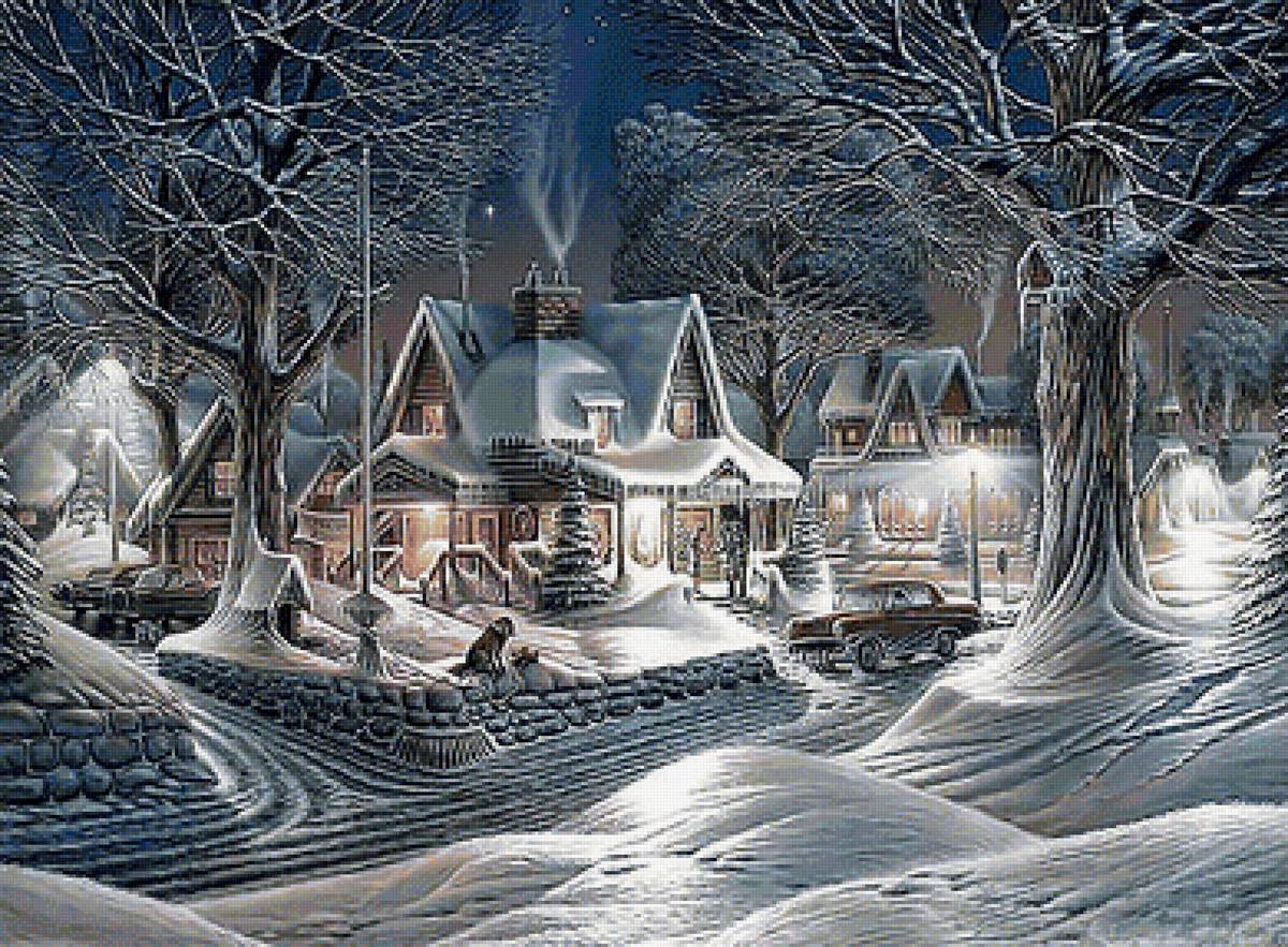 Зимний вечер. - пейзаж, домики, снег, зима, живопись - предпросмотр