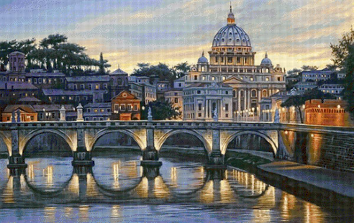 Вечерний город - городской пейзаж, город, река, вечер, мост, собор - предпросмотр