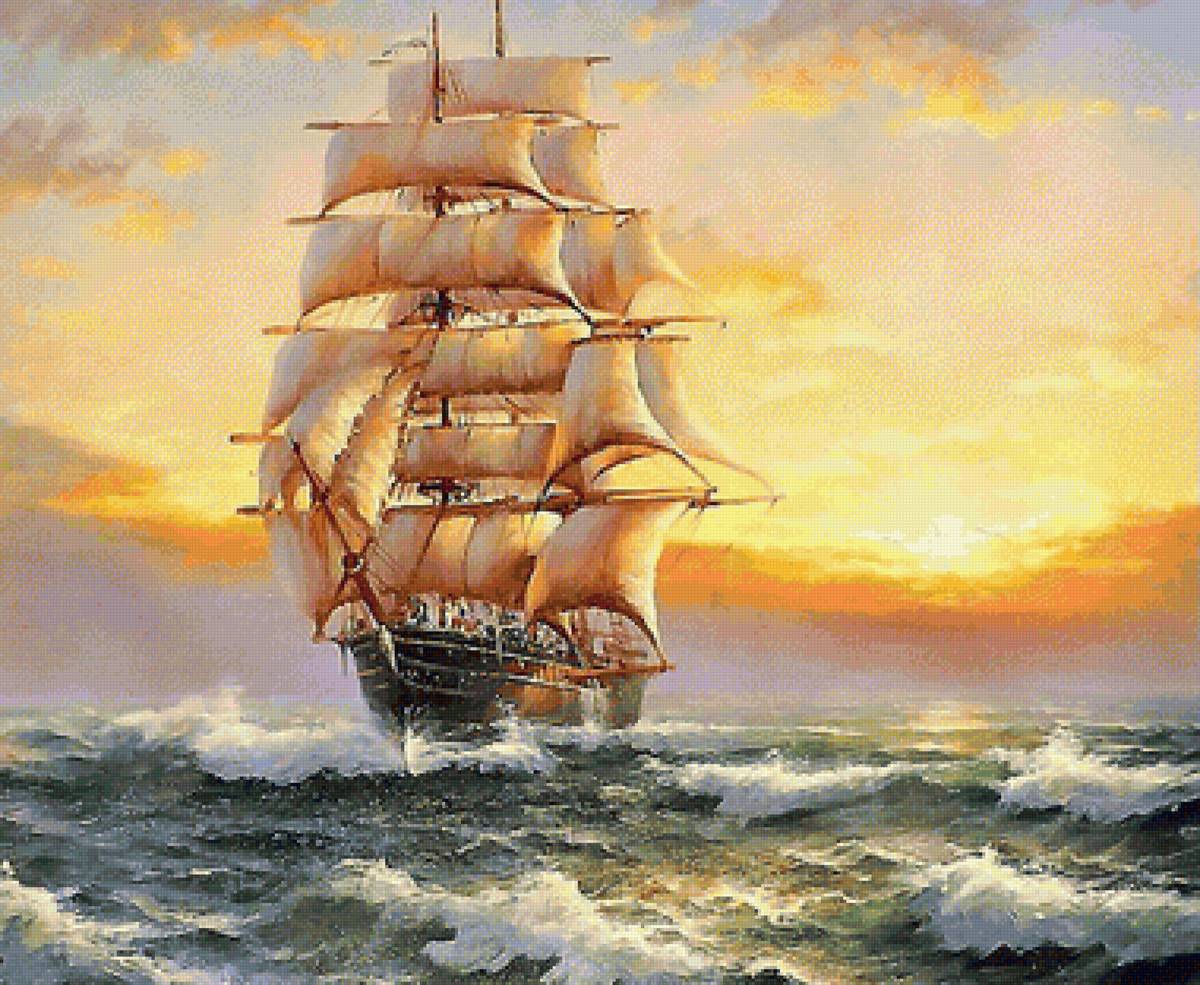 Закат на море - море корабль волны пейзаж морская, закат - предпросмотр