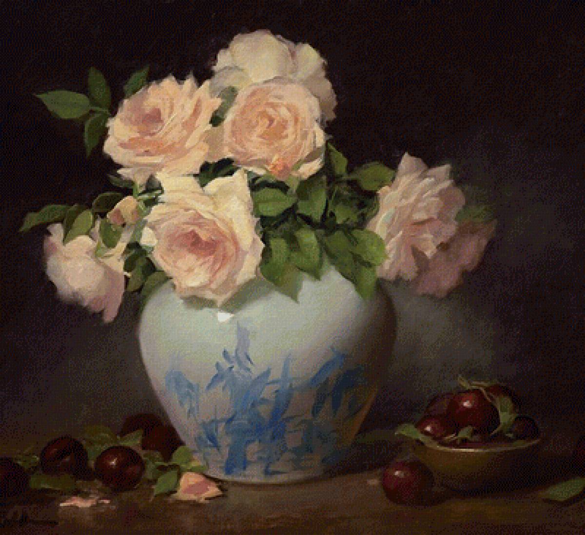 Розовые розы - ваза, цветы, живопись, роза, натюрморт - предпросмотр