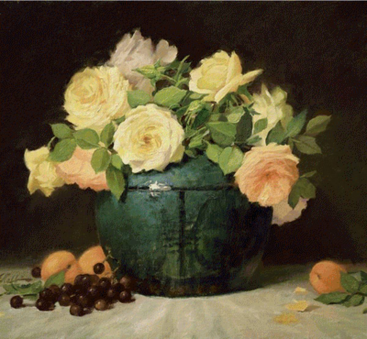 Жёлтые розы - живопись, роза, ваза, натюрморт, цветы - предпросмотр