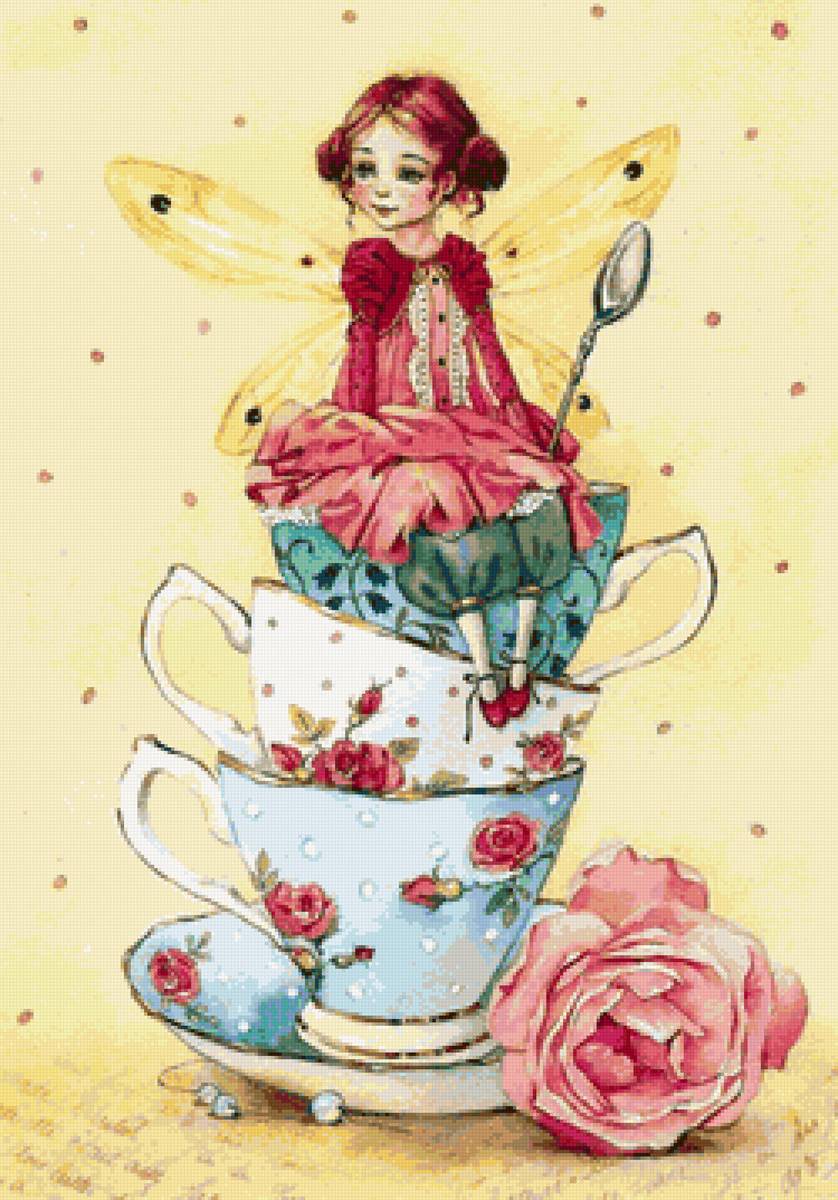 Little fairy - fairy, beautiful, roses, cup, butterfly, tea - предпросмотр