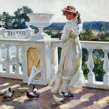 Схема вышивки «Девушка и голуби. Владимир Гусев»